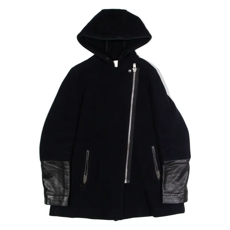 SANDRO Womens Overcoat Coat Black Wool Hooded UK 8