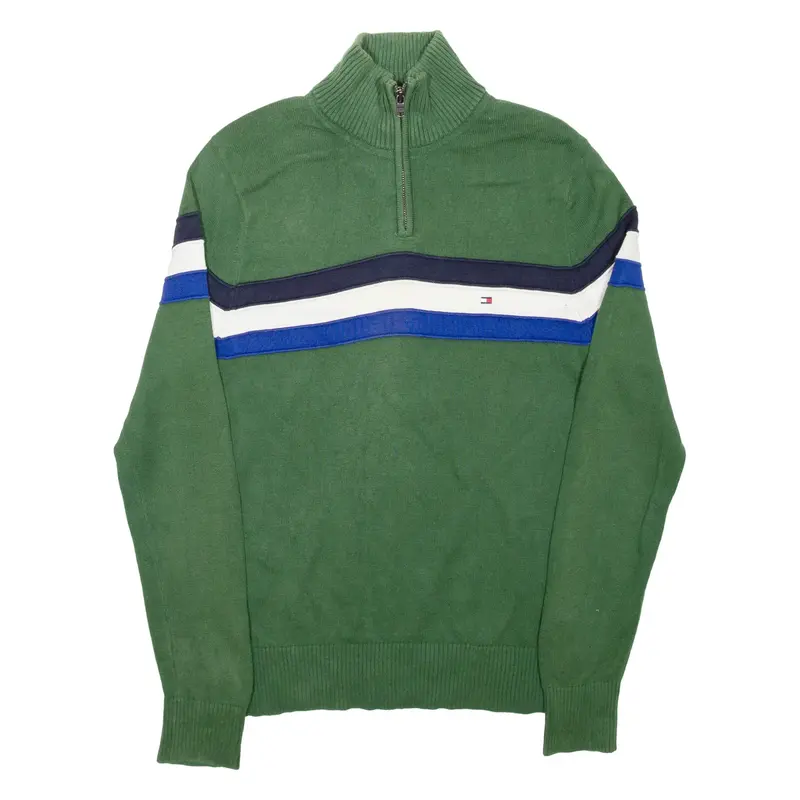 TOMMY HILFIGER Mens Patterned Jumper Green Striped 1/4 Zip Tight Knit S