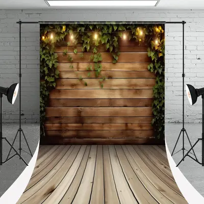 Retro Brown Wood Wall Greenery Sweep Photo Backdrop - Aperturee