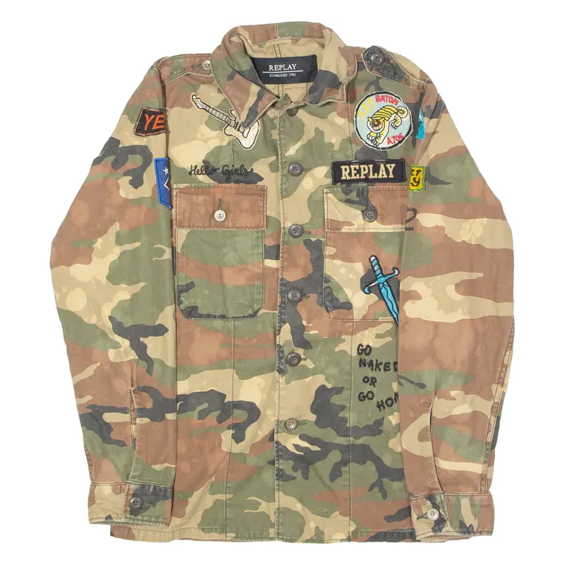 REPLAY Camouflage Mens Military Jacket Brown Twill Patchwork S