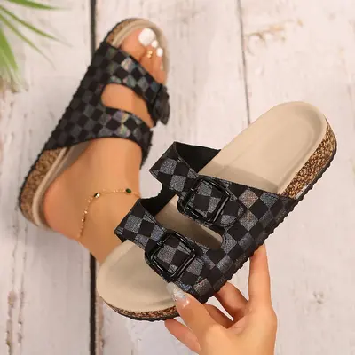 Women's Summer Footwear Chic Checkered Slide Sandals with Buckle Detail Perfect for Casual Wear