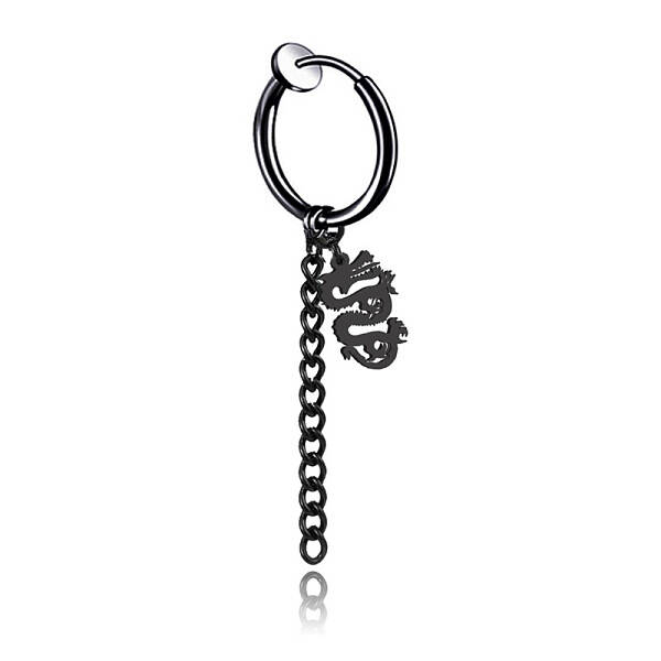 304 Stainless Steel Dragon with Tassel Dangle Clip-on Earrings