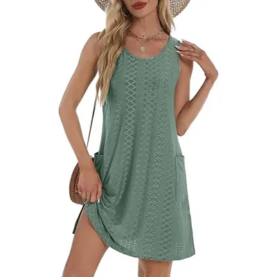 Coverup Summer Dresses for Women 2025 Eyelet Casual Loose Sleeveless Sundresses Tank Dresses with Pockets
