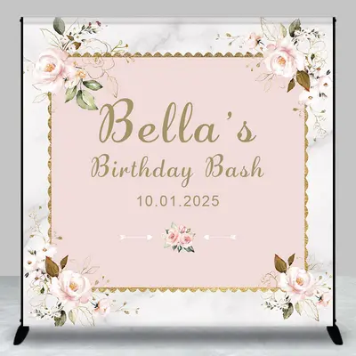 Romantic Pink Flowers Marble Custom Birthday Backdrop