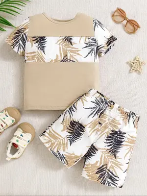 Toddler Boy's Leaf Patchwork Print Short Sleeve T-shirt & Elastic Waist Shorts Set, Casual Round Neck Tee & Shorts, Summer Ou...