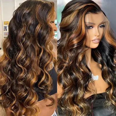 Ashimary Body Wave Brown Highlight Swiss Lace Wigs 100% Human Hair Wig