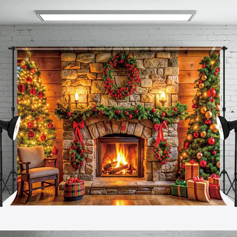 Aperturee Wood Wall Bricks Fireplace Wreath Christmas Backdrop