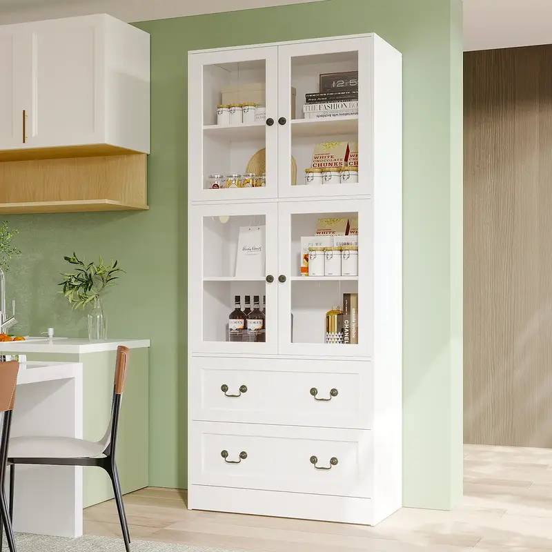 VOWNER 79'' Tall Modern Kitchen Pantry Storage Cabinet with 2 Drawers and 4 Glass Door for Living Room,Entryway,Bedroom Furni...