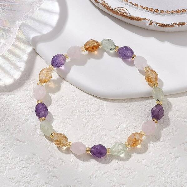 Natural Amethyst & Rose Quartz & Prehnite & Citrine Beads Stretch Bracelets for Women Men