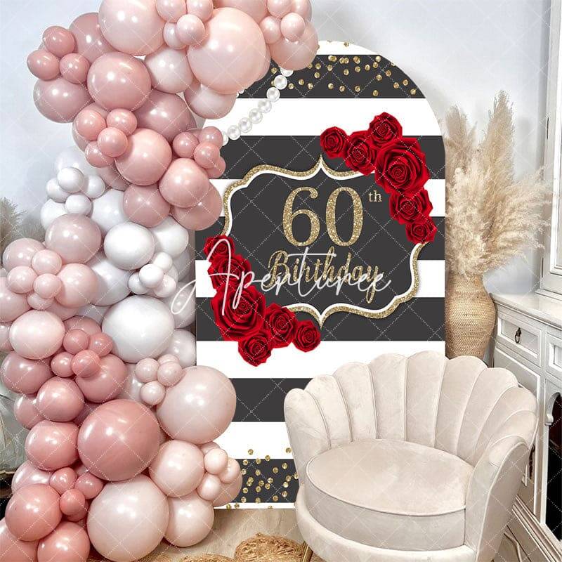 Black White Rose Stripe 60th Birthday Arch Backdrop
