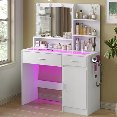 CollaredEagle Vanity Desk With Mirror And 3 Lighting Modes 10 USB Power LED Lights, 40\