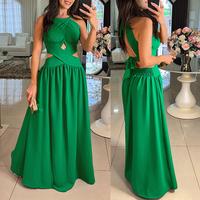 ChicMe Women's Halter Sleeveless Tied Detail Shirred Criss Cross Flared Dress Glamorous Evening Dress