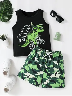 Two-piece Set Boy's Dinosaur Print Tank Top & Camo Print Shorts, Casual Sleeveless Top & Shorts for Daily Wear, Kids Clothing...