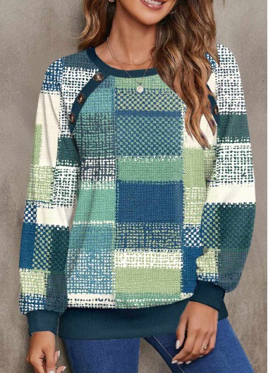 Modlily Multi Color Button Geometric Print Long Sleeve Sweatshirt - M