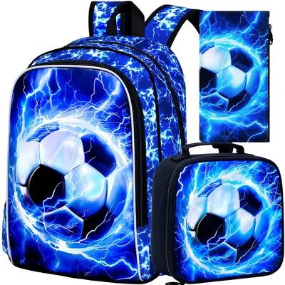 3PCS Boys Soccer Backpack, Kids Lightning Bookbag with Lunch Box, 17\