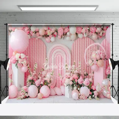 Pink White Floral Balloons Cake Smash Photo Backdrop - Aperturee