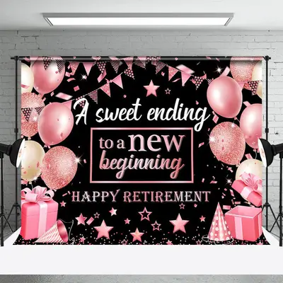 Pink Balloon Glitter Gift Stars Retirement Backdrop - Aperturee