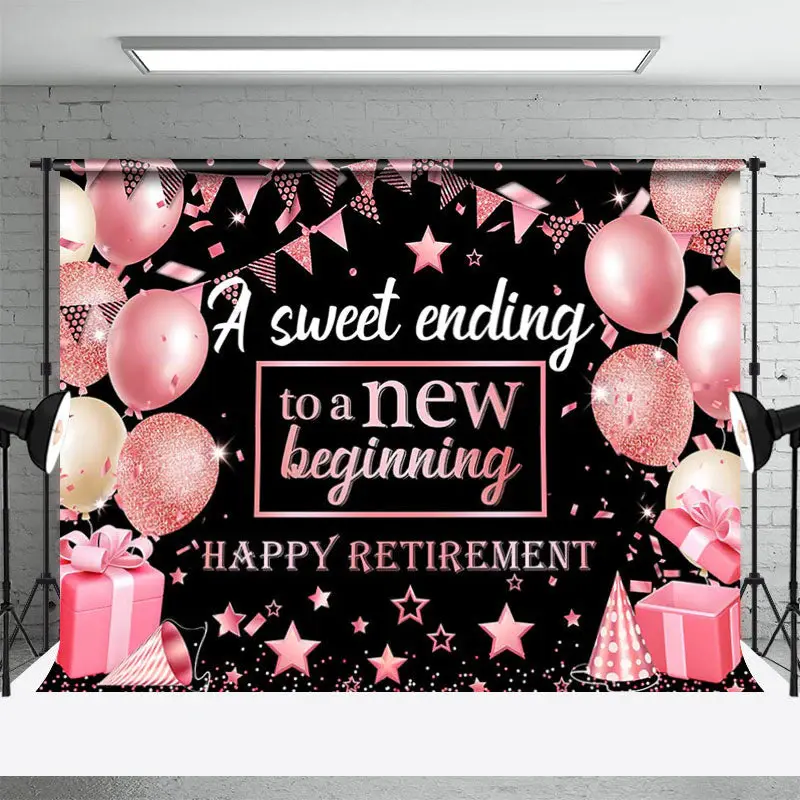 Pink Balloon Glitter Gift Stars Retirement Backdrop - Aperturee