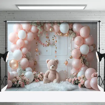 Teddy Bear Floral Sweet Princess Cake Smash Backdrop