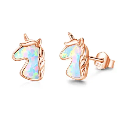 Sterling Silver with Rose Gold Plated Opal Unicorn Stud Earrings