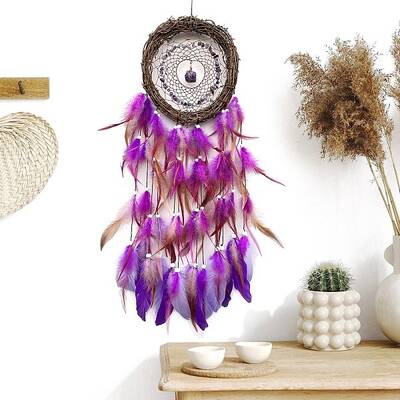 Rattan Woven Net/Web with Feather Hanging Ornaments