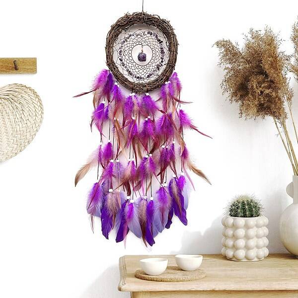 Rattan Woven Net/Web with Feather Hanging Ornaments