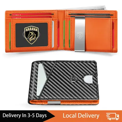 DRAVAN Slim Wallet for Men Leather Carbon Fiber RFID Blocking Minimalist Front Pocket Bifold mens Wallet with ID Window 11 Cr...
