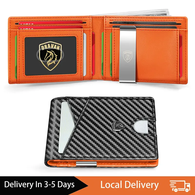 DRAVAN Slim Wallet for Men Leather Carbon Fiber RFID Blocking Minimalist Front Pocket Bifold mens Wallet with ID Window 11 Cr...