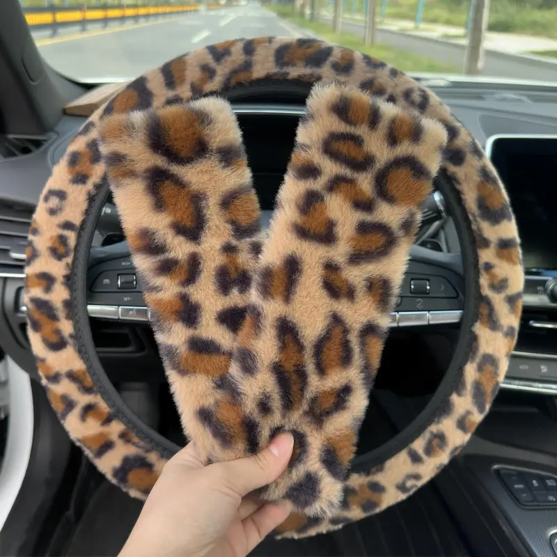 Leopard-Print Car Steering Wheel Cover & Shoulder Protector Set, Non-slip Car Steering Wheel Cover, Universal Car Interior Ac...