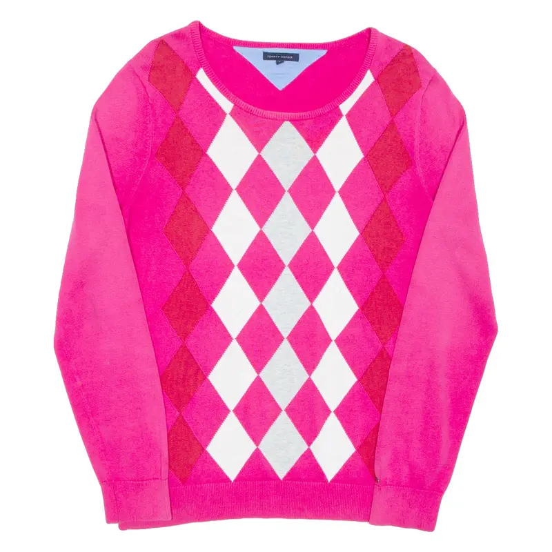 TOMMY HILFIGER Womens Patterned Jumper Pink Diamond Tight Knit L