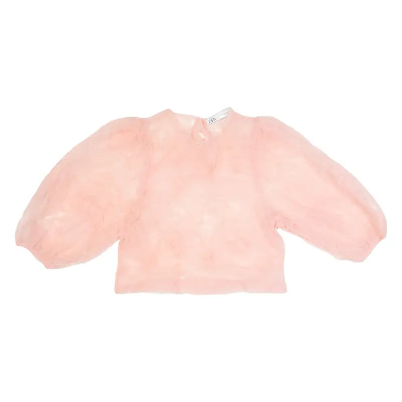 ZARA Sheer Frill Womens Cropped Top Pink 3/4 Sleeve S