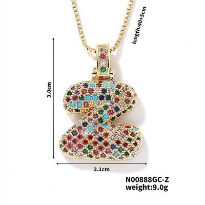 Brass Pave Colorful Cubic Zirconia Letter Pendant Box Chain Necklaces