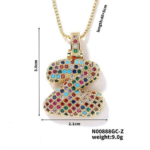 Brass Pave Colorful Cubic Zirconia Letter Pendant Box Chain Necklaces