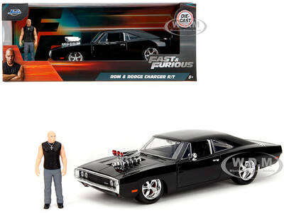 Dodge Charger R/T Black with Dom Diecast Figure Fast & Furious (2009) Movie Hollywood Rides Series 1/24 Diecast Model Car by ...