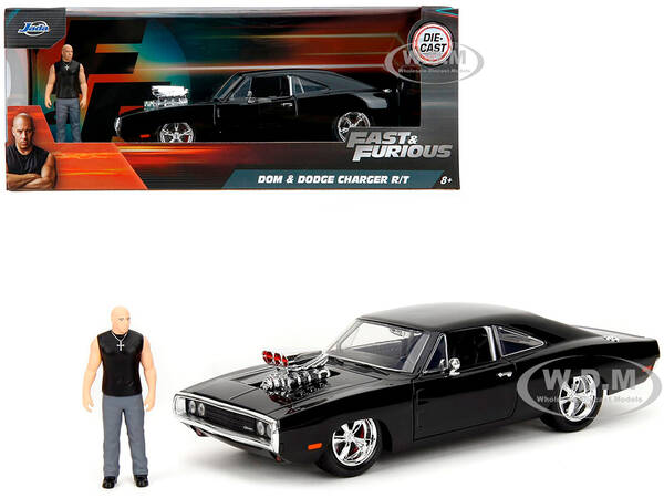 Dodge Charger R/T Black with Dom Diecast Figure Fast & Furious (2009) Movie Hollywood Rides Series 1/24 Diecast Model Car by ...