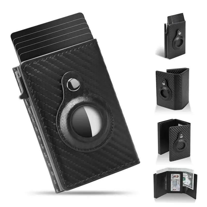 Mens Smart Wallet Card Holder: Leather, Slim, Carbon Fiber, Minimalist - 9-14 Card Capacity | ID Window | Cash Slot