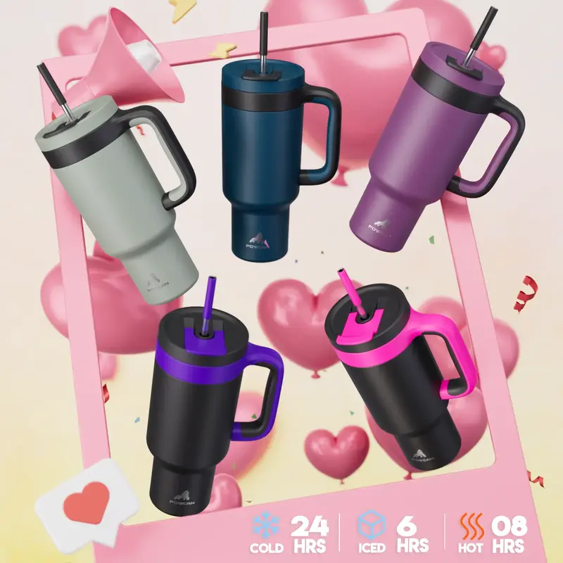 【POWCAN Valentine's Day】Stainless Steel Vacuum Insulated Cup With Straw And Lid, Reusable Straw Double-Layer Insulation F...