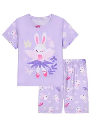 Girl's Cartoon Rabbit Print Crew Neck Tee & Elastic Waist Shorts Pajama Two-piece Set, Casual Comfy Round Neck Short Sleeve T...