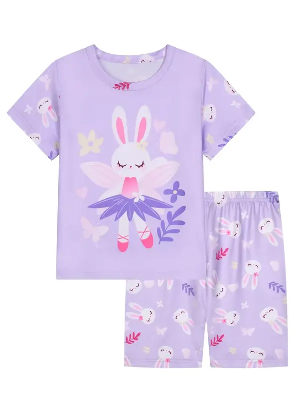 Girl's Cartoon Rabbit Print Crew Neck Tee & Elastic Waist Shorts Pajama Two-piece Set, Casual Comfy Round Neck Short Sleeve T...