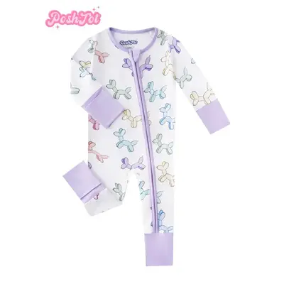 POSHTOT Colorful Puppy Print Bamboo Fiber Baby Long Sleeve Pants with Folding Feet, Cute Two-Way Zip-Up Onesie for Ages 0-2