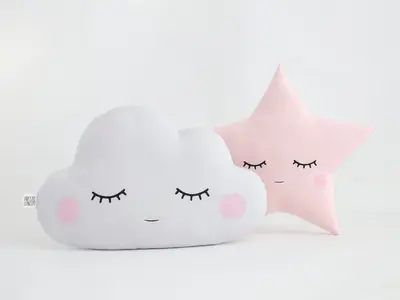 Set of 2 Pillows - Light Gray Cloud Pillow and Pale Pink Star Pillow