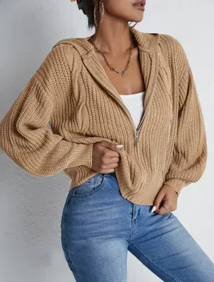 Textured Drop Shoulder Zip Up Hooded Cardigan, Casual Long Sleeve Cardigan Sweater, 2024 Women's Autumn & Winter Clothes for ...