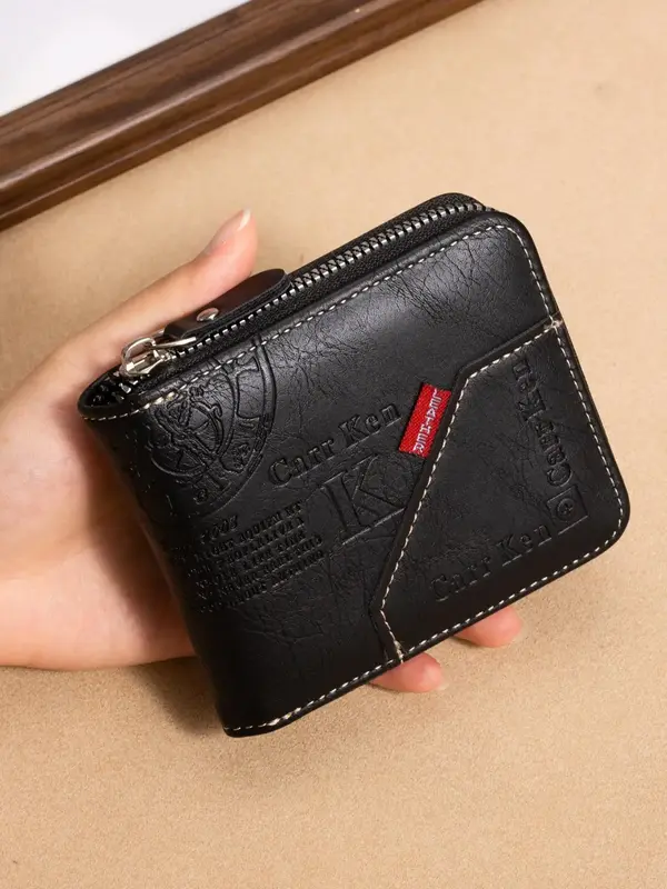 Men's Business Fashion Letter Pattern Short Wallet, 2025 New Style Casual Trendy Zipper Card Holder, Simple Style Money Savin...