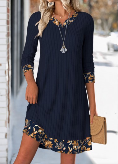 Modlily Navy Tummy Coverage Leaf Print Short Long Sleeve Dress - XXL