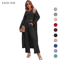 Ekouaer Women's 3 Piece Knit Lounge Set Long Sleeve Cardigan Sleeveless Top Pants Sweatsuit S-XXL