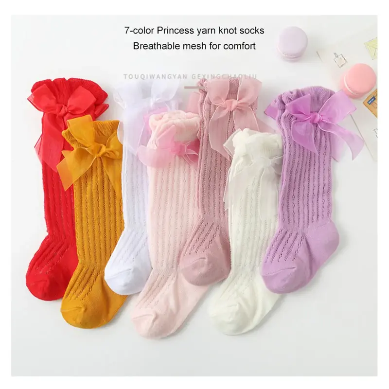 Infant Baby Girls Long Stockings Princess Solid Color Cute Bowknot Breathable Loose Mouth Socks Over-The-Knee Socks