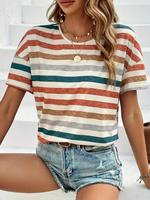 Women's Colorblock Striped Print Round Neck Tee, Casual Short Sleeve Crew Neck T-Shirt for Summer, Ladies Clothes for Daily W...