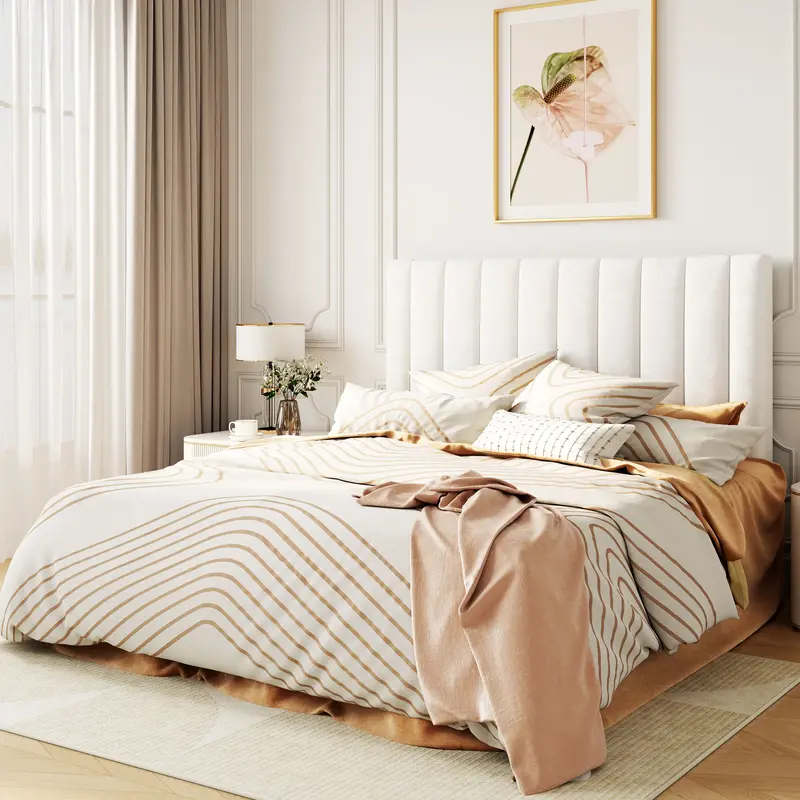 HOOMIC Velvet Upholstered Platform Bed Frame, Vertical Channel Tufted Headboard【Frame Only No Mattress】, Strong Slats Sup...