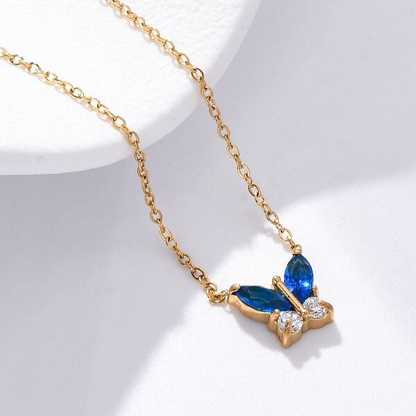 304 Stainless Steel Cubic Zirconia Butterfly Pendant Necklaces