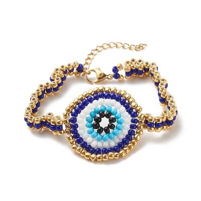 Glass Seed Braided Evil Eye Link Bracelet for Women